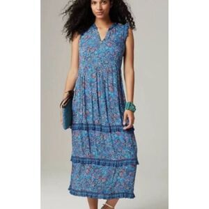 J. Jill Dress M Women's Royal Blue Coastal Ruffled Tiered Pockets Midi Dress